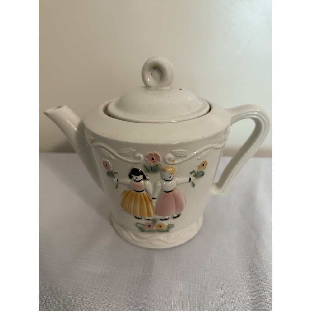 Vintage PORCELIER Vitreous China‎ Teapot USA 1940s Dutch Boy & Girl